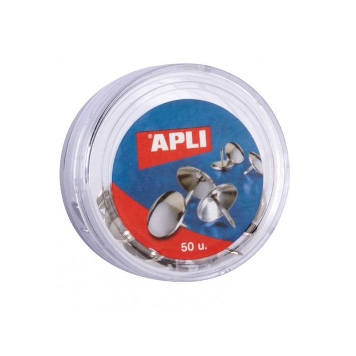 Apli Caja de 50 Chinchetas Niqueladas - Cabeza Redondeada - Punta Afilada - Versatiles para Hogar y Oficina - Color Plata