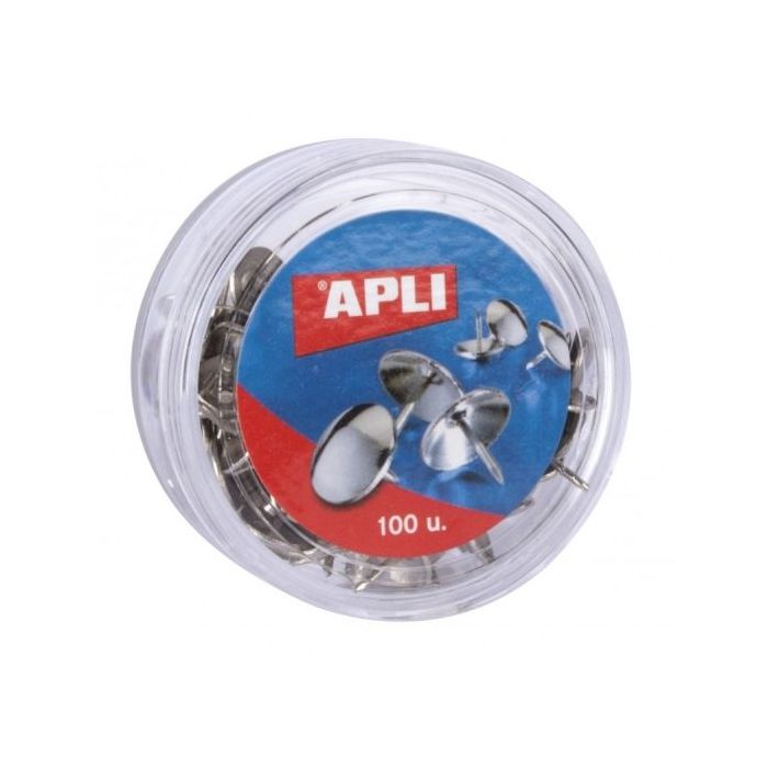 Apli Caja de 100 Chinchetas Niqueladas Ø 10mm - Cabeza Redondeada - Puntas Afiladas - Ideal para Corcho, Paredes, Tapicerias y Madera - Color Plata