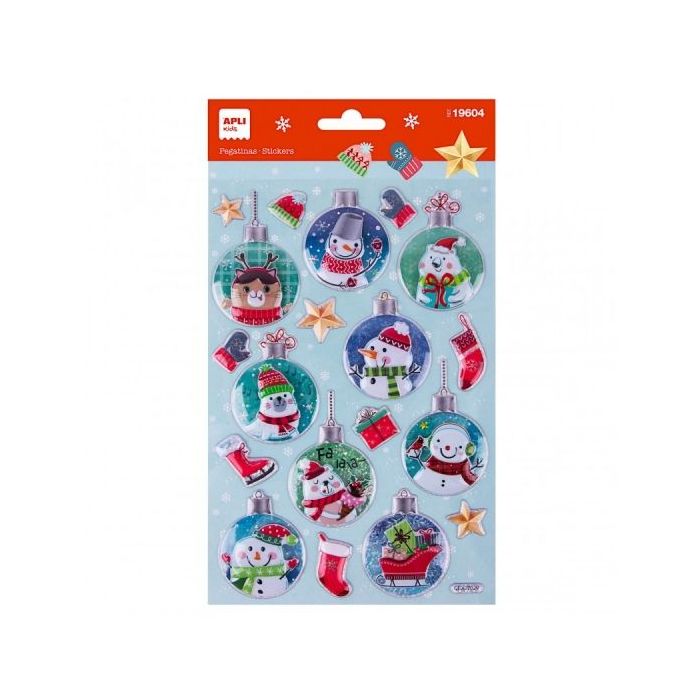 Apli Bolsa de Pegatinas Navideñas Bola Muñeco de Nieve - Adhesivo Permanente - Diseños Surtidos - Ideal para Decorar Regalos y Tarjetas - Estimula Creatividad y Psicomotricidad Fina
