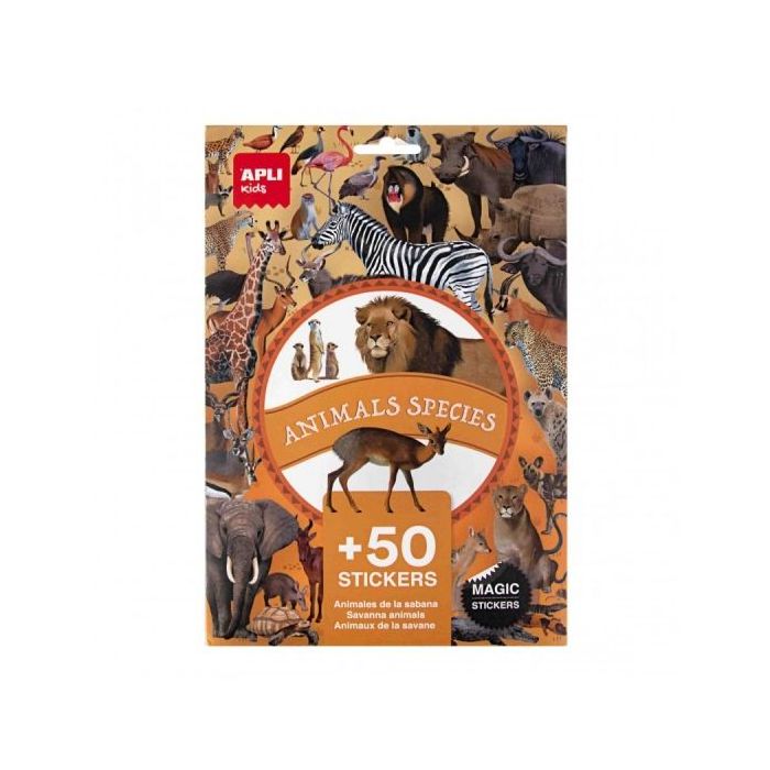 Apli Pack de 50 Pegatinas Removibles de Animales Sabana - Desarrolla Psicomotricidad Fina - Imagenes Realistas