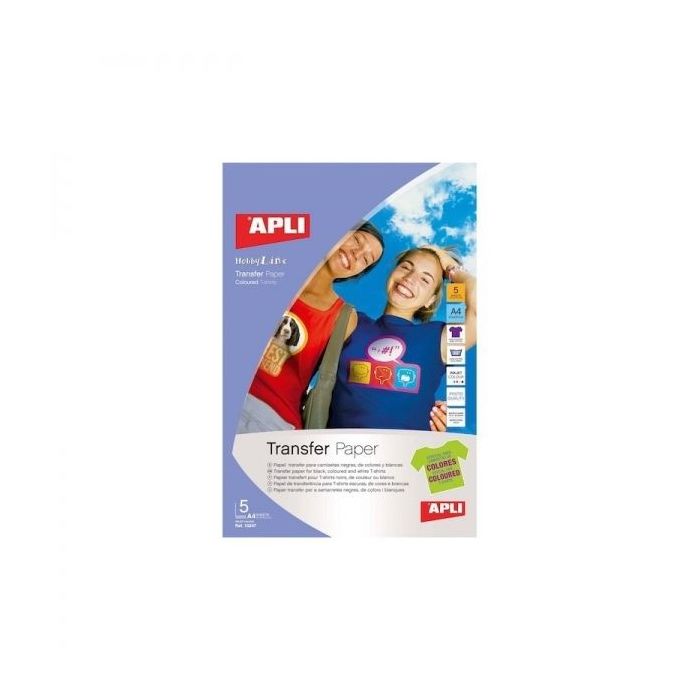 Apli Pack de 5 Hojas de Papel Transfer para Impresoras Inkjet - Ideal para Prendas de Color - Perfecto para Personalizar Ropa de Algodon - Facil de Usar y Lavar con Agua Fria