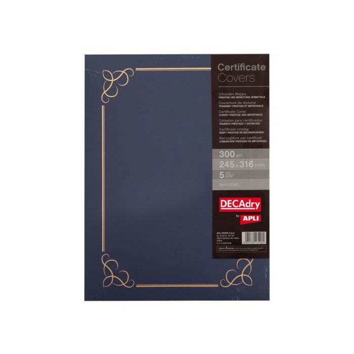Apli Pack de 5 Carpetas para Certificados y Diplomas - 300gr - Borde Estampado - Pestañas Interiores - Color Azul