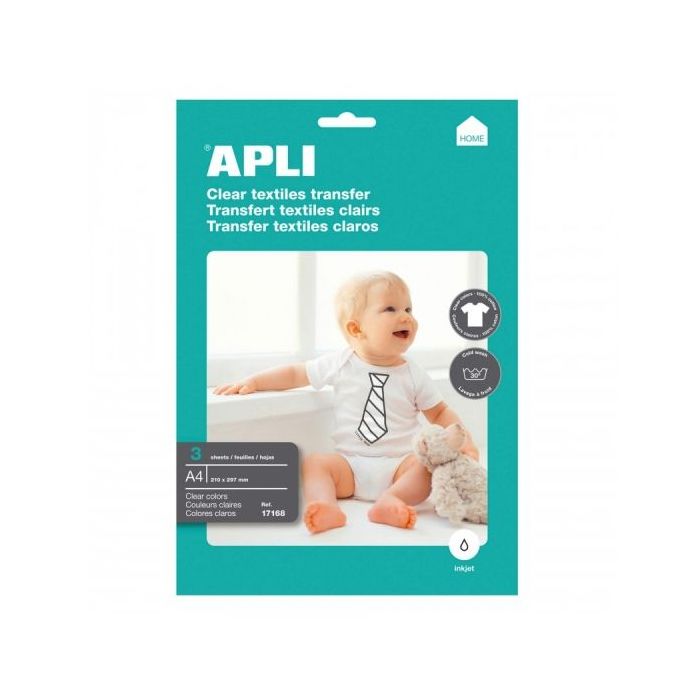 Apli Pack de 3 Hojas de Papel Transfer para Impresoras Inkjet - Ideal para Prendas Blancas y 100% Algodon - Facil Aplicacion y Lavado en Agua Fria