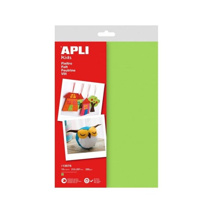 Apli Pack de 10 Hojas de Fieltro A4 - 40% Lana Natural - Grosor 250gr - Resistente y Suave - Facil de Cortar y Pegar - Color Verde