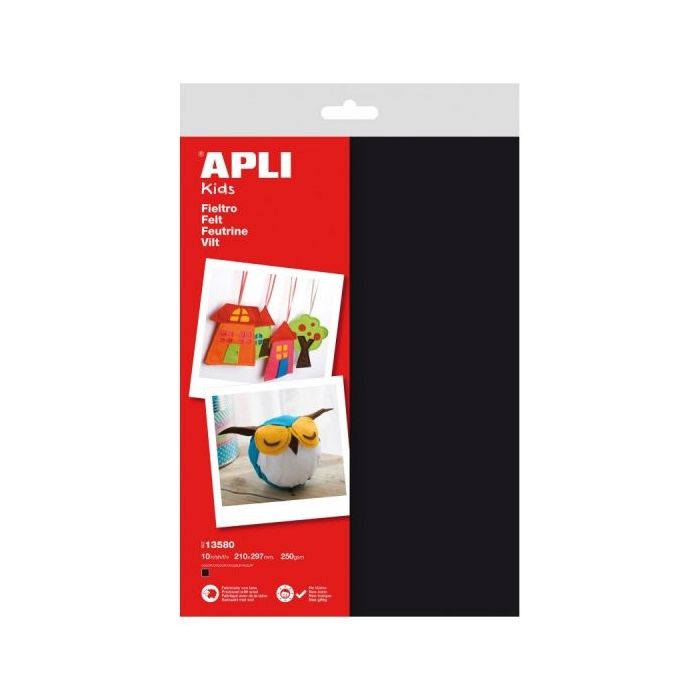 Apli Pack de 10 Hojas de Fieltro A4 - 40% Lana Natural - Grosor 250gr - Resistente y Suave - Facil de Cortar y Pegar - Color Negro