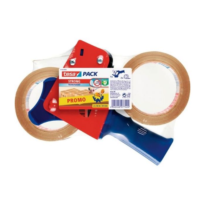 Tesa Pack de Precintadora + 2 Rollos de Precinto Transparente 50mm x 66 Metros