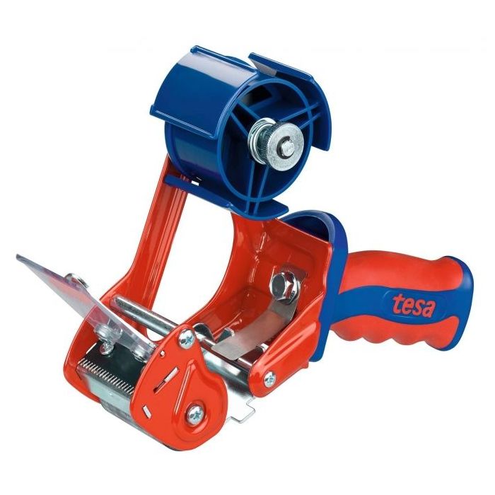 Tesa 6400 Comfort Precintadora para Rollos de hasta 50mm - Sistema de Cuchilla Protegida - Tension Ajustable Manualmente - Color Rojo/Azul