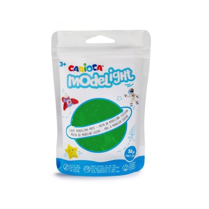 Pack Carioca Modelight Pasta de Moldear - Super Ligera - Elastica - Maleable - Se Seca al Aire - No Ensucia - Colores Brillantes - sin Gluten - Reutilizable con Agua - 50gr - Color Verde