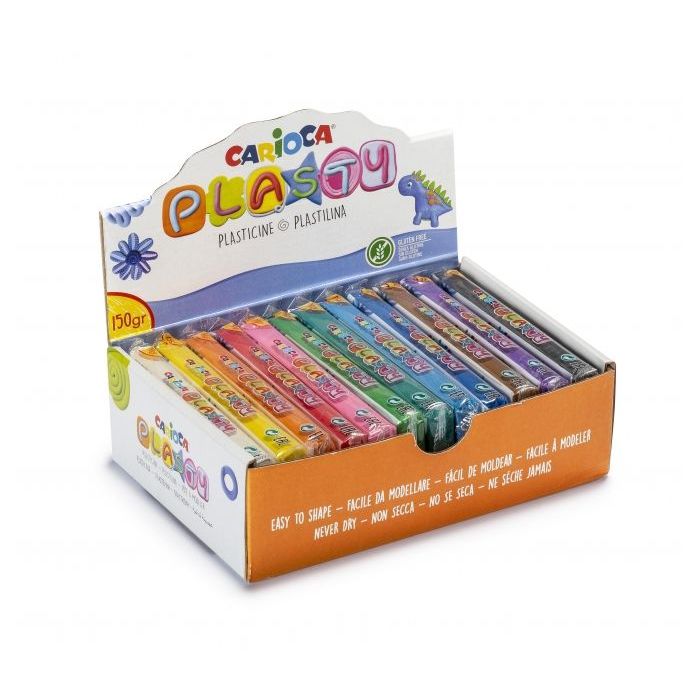 Carioca Expositor de 12 Plastilinas 150gr - Facil de Usar - No Se Seca - Reutilizable - Colores Brillantes Mezclables - Libre de Gluten - Color Varios