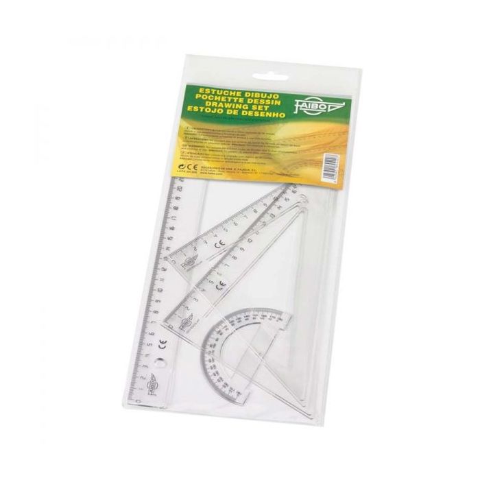 Faibo Pack de Reglas Escolares - Incluye Regla de 30cm, Escuadra de 25cm, Cartabon de 25cm y Semicirculo de 9cm - Presentacion en Bolsa Transparente - Color Transparente