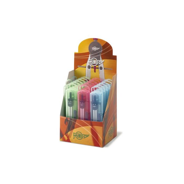 Faibo Expositor de 20 Compases Escolares - Adaptador Universal - Incluye Tubo de Minas - Presentado en Estuche de Plastico de Colores Surtidos