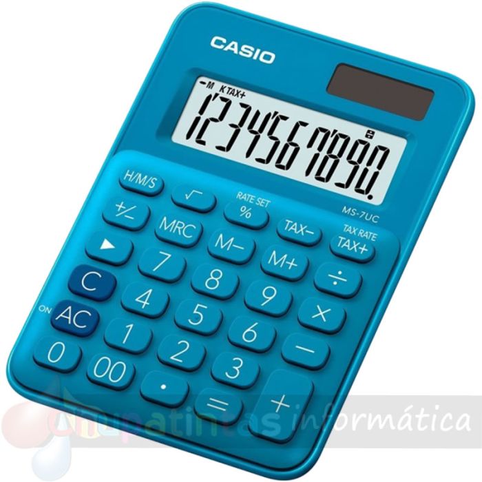 Casio MS7UC Calculadora de Escritorio - Tecla Doble Cero - Pantalla LCD de 10 Dígitos - Solar y Pilas - Color Azul-2
