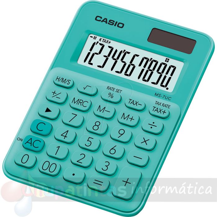 Casio MS7UC Calculadora de Escritorio - Tecla Doble Cero - Pantalla LCD de 10 Dígitos - Solar y Pilas - Color Verde-2