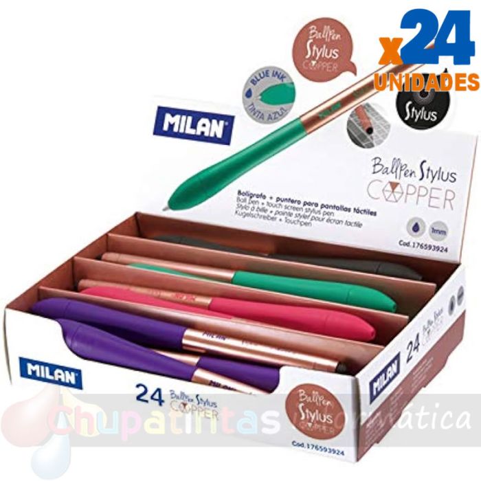 Milan Stylus Copper 24 Bolígrafos Retráctiles - Punta 1mm - Puntero para Pantalla Táctil - Colores Surtidos - Tinta Azul-1