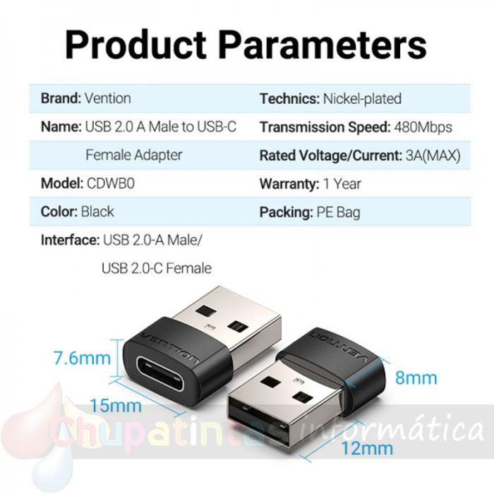 Vention Adaptador USB 2.0 USB-C Macho a USB Hembra - Color Negro-4