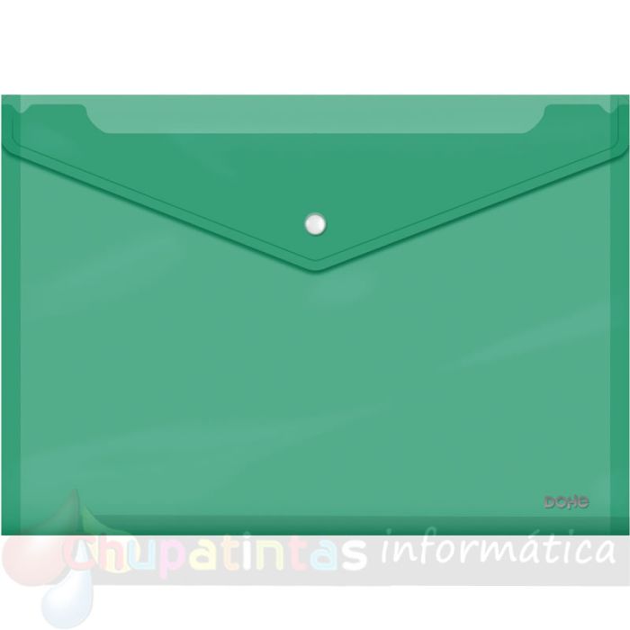 Dohe Sobre con Cierre de Broche - Tamaño Folio Plus Apaisado - Polipropileno Cristal Transparente 150 Micras - Color Verde