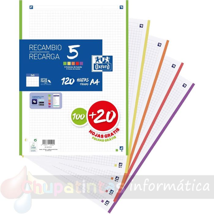 Oxford 5 Recambio de 120 Hojas Formato A4 Cuadriculado 5x5mm 4 Taladros - Banda de 5 Colores Vivos-1