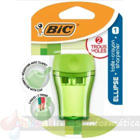 Bic Ellipse Sacapuntas de Plástico - 2 Orificios- Deposito Grande para los Restos - Color Verde, Azul o Coral Aleatorio-1