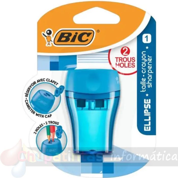 Bic Ellipse Sacapuntas de Plástico - 2 Orificios- Deposito Grande para los Restos - Color Verde, Azul o Coral Aleatorio-2