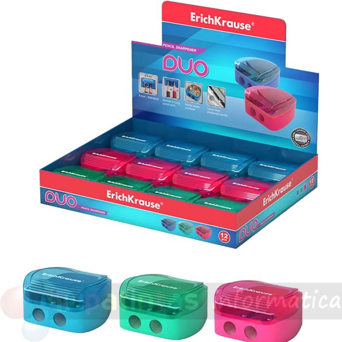 Erichkrause Duo - Pack 12 Sacapuntas Doble de Plástico - Contenedor - Cuchilla de Acero al Carbono - Colores Azul Rosa y Verde-1