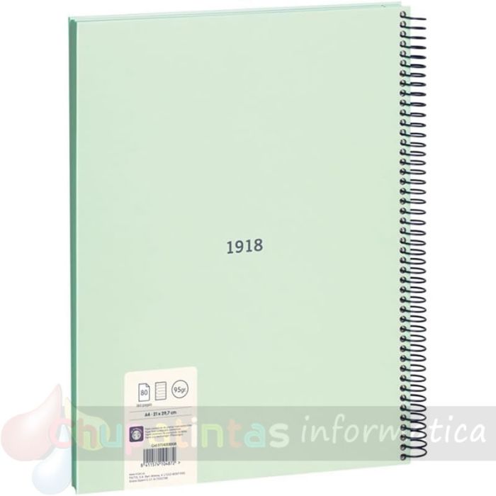 Milan Serie 1918 Cuaderno Espiral Formato A4 Pauta 7mm - 80 Hojas de 95 gr/m2 - Microperforado, 4 Taladros - Color Verde-2
