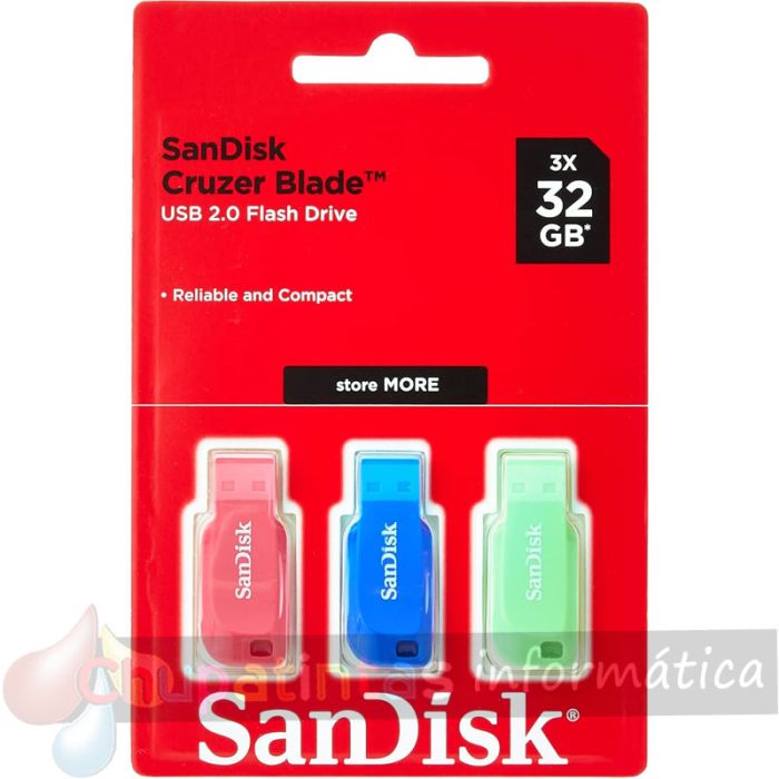 Sandisk Pack de 3 Cruzer Blade Memoria USB 2.0 32GB - Ultra Compacta - Color Azul, Rosa y Verde (Pendrive)-1