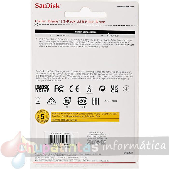 Sandisk Pack de 3 Cruzer Blade Memoria USB 2.0 32GB - Ultra Compacta - Color Azul, Rosa y Verde (Pendrive)-6