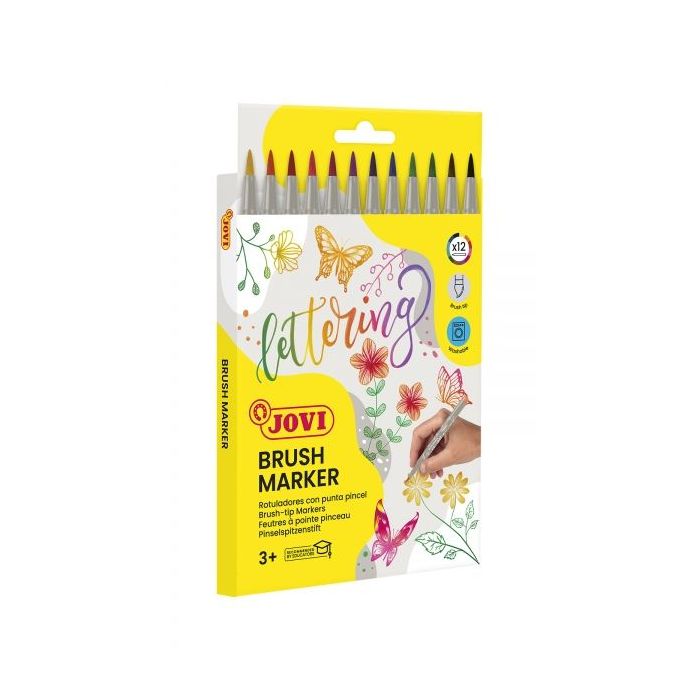 Jovi Felt Pens Estuche de 12 Rotuladores Punta Pincel - Punta Suave y Flexible - Trazos Finos y Gruesos - Tinta Base Agua - Ideal para Lettering - Color Surtido