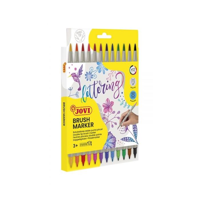 Jovi Felt Pens Estuche de 12 Rotuladores Doble Punta Pincel - Punta Fina y Flexible - Tinta Base Agua - Ideal para Lettering - Color Surtido