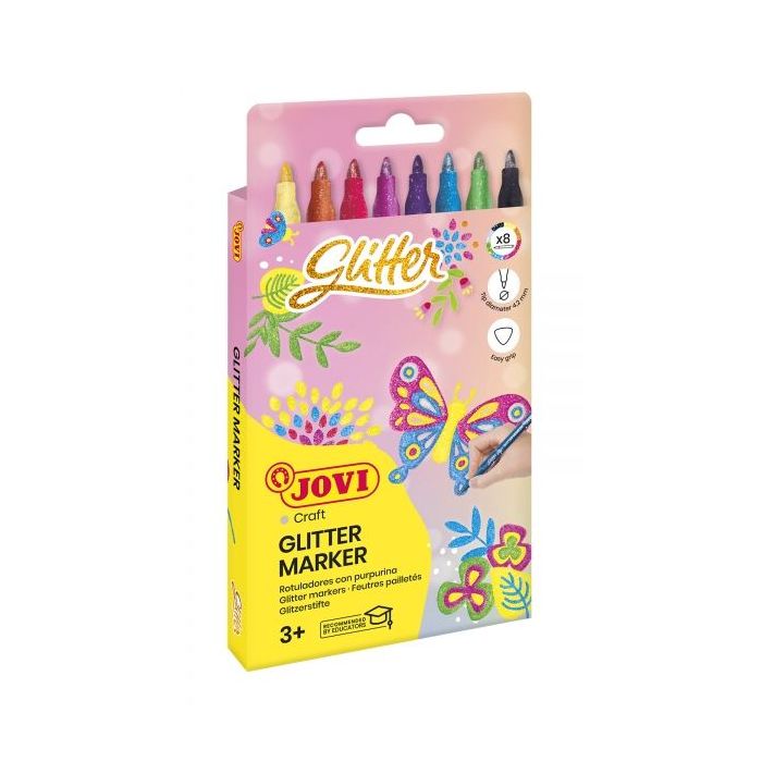 Jovi Glitter Marker Caja con 8 Rotuladores Efecto Purpurina - Tinta Base Agua - Grip Triangular Ergonomico - Punta Resistente - Tapon de Seguridad - Trazo Homogeneo - Color Surtido