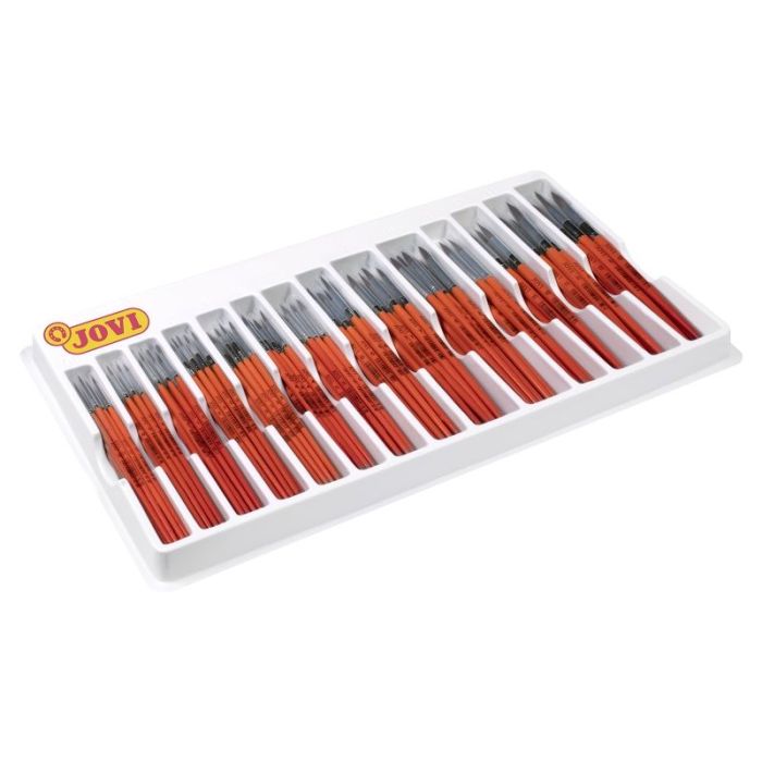 Jovi Caja Expositora de 144 Pinceles Artisticos Pelo Poney Surtidos - Pelo Natural - Mango de Madera - Calibre 00 al 12 - Punta Redonda - Pelo Suave - Color Rojo
