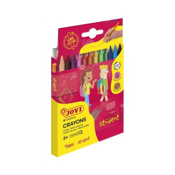 Jovi Crayons Student Estuche de 12 Ceras Plasticas - Resistentes - No Manchan - Agradables de Rayar - Acabado Brillante - Gran Duracion - Colores Mezclables - Color Surtido