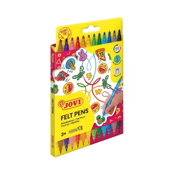 Jovi Felt Pen Extuche 12 Rotuladores de Doble Punta - Amplia Variedad de Tonos - Tinta de Gran Fijacion - Punta Fina y Maxi - Grip Triangular Ergonomico - Color Surtido