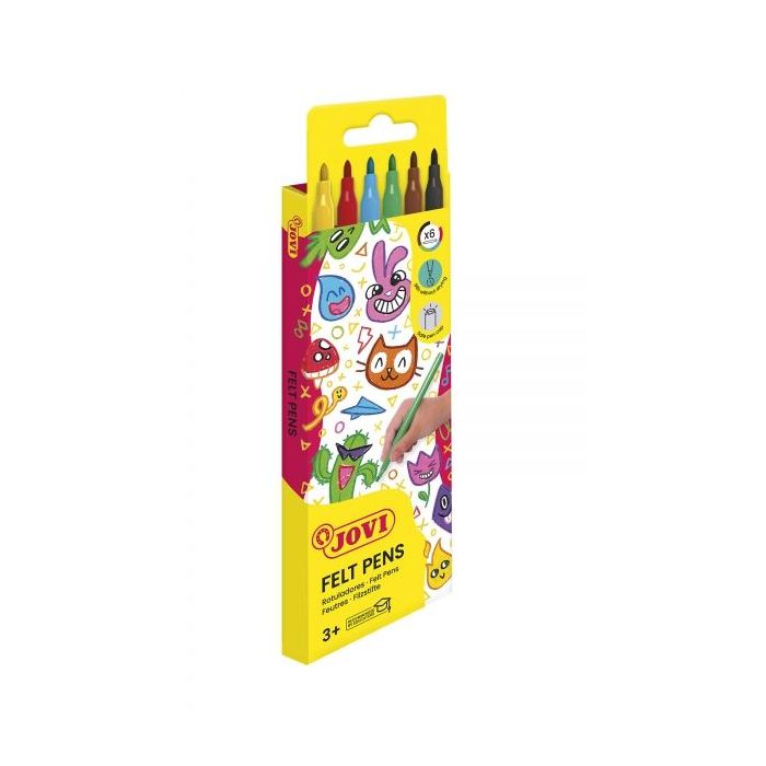 Jovi Felt Pens Estuche de 6 Rotuladores - Tinta de Gran Fijacion - Punta de 3mm - Capuchon de Seguridad Ventilado - Grip Triangular Ergonomico - Trazo Homogeneo E Intenso - Color Surtido