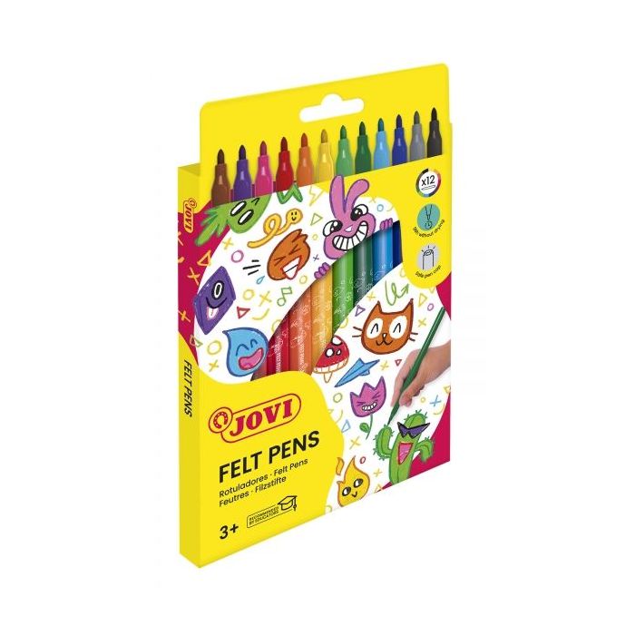 Jovi Felt Pens Estuche de 12 Rotuladores - Amplia Variedad de Tonos - Tinta de Gran Fijacion - Punta de 3mm - Capuchon de Seguridad Ventilado - Grip Triangular Ergonomico - Color Surtido