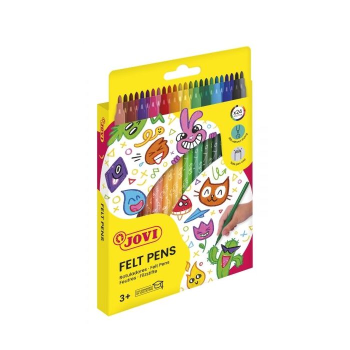 Jovi Felt Pens Estuche de 24 Rotuladores - Amplia Variedad de Tonos - Tinta de Gran Fijacion - Punta de 3mm - Capuchon de Seguridad Ventilado - Grip Triangular Ergonomico - Color Surtido