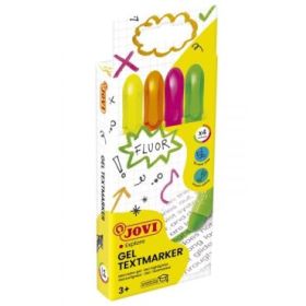 Jovi Gel Textmarker Estuche con 4 Marcadores de Texto - Gel en Seco - Colores Fluorescentes - con Ascensor - No Traspasan - Secado Rapido - No Se Secan - Aptos para Luz Negra - Color Surtido