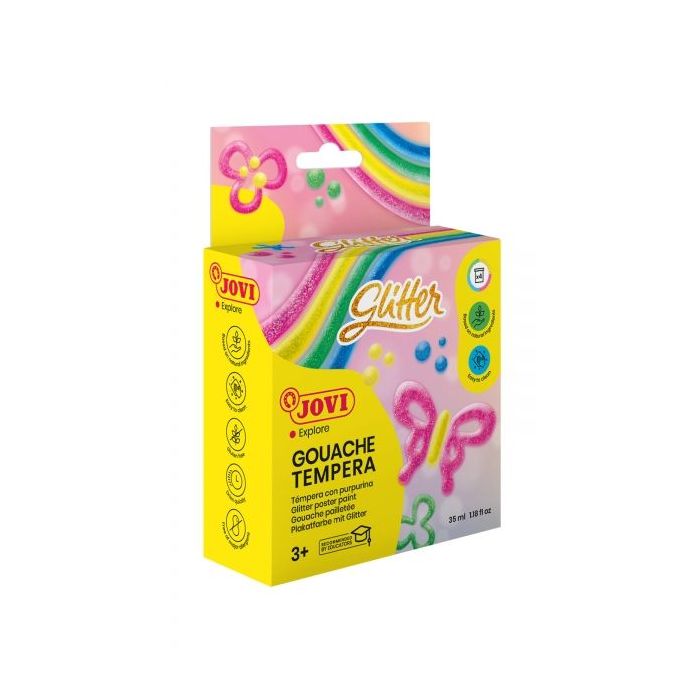 Jovi Glitter Gouache Estuche de 4 Botes de Tempera 35ml - Tempera Liquida Base Agua - Particulas de Purpurina - Excelente Rendimiento - Secado Rapido - Facil Aplicacion  - Color Surtido