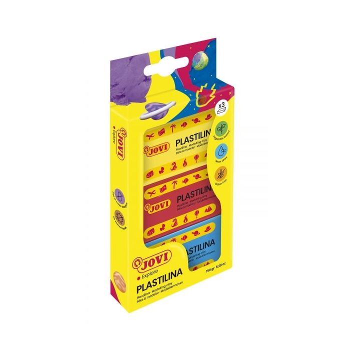 Jovi Estuche de 3 Pastillas de Plastilina 50gr - No Se Seca - sin Gluten - Facil de Moldear - Libre de Alergenos - No Toxica - Color Surtido