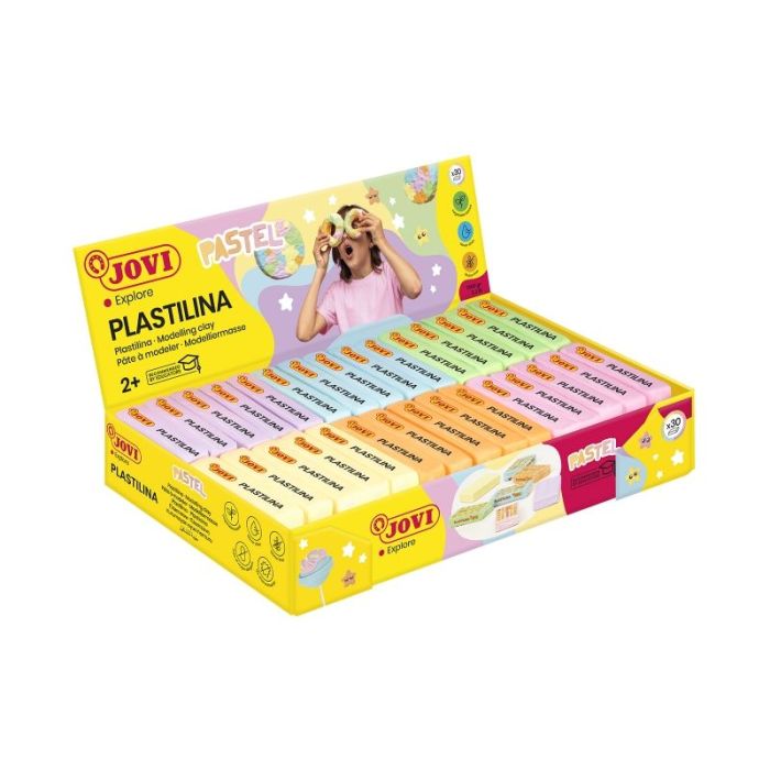 Jovi Expositor de 30 Pastillas de Plastilina 50gr - Colores Pastel - 100% Vegetal - Muy Moldeable - No Se Seca - Colores Mezclables - Color Surtido