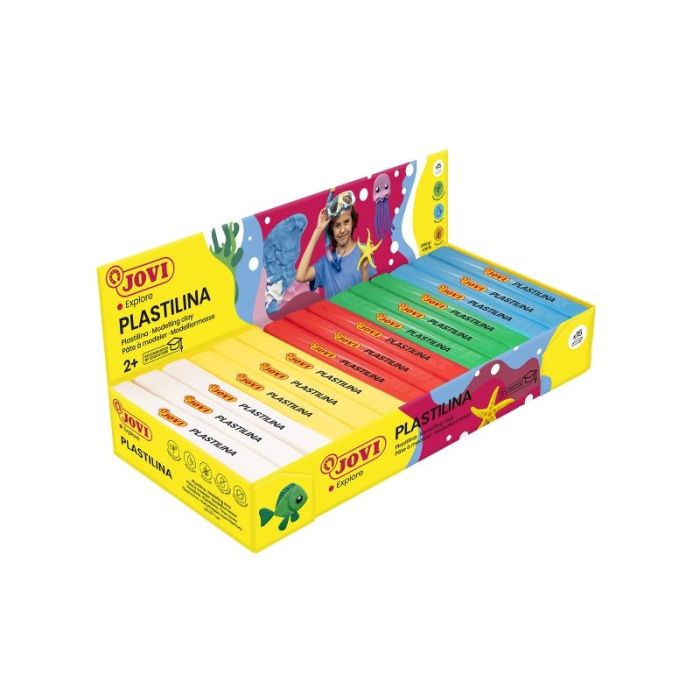 Jovi Expositor de 15 Pastillas de Plastilina 150gr - Colores Basicos - 100% Vegetal - Muy Moldeable - No Se Seca - Colores Mezclables - Color Surtido