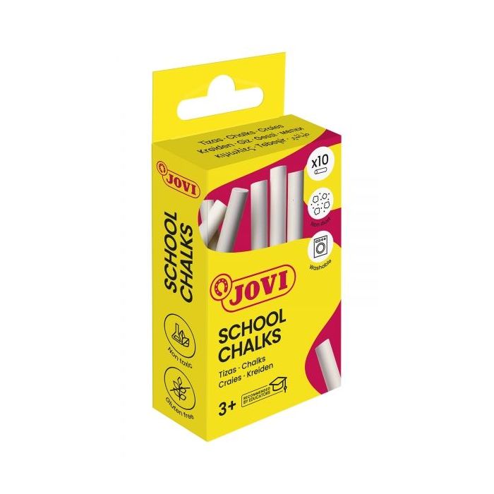 Jovi School Chalks Caja con 10 Tizas Blancas - Compactas - sin Polvo - Materias Primas Naturales - Trazos Nitidos - Faciles de Borrar - Muy Resistentes - Poco Resto de Polvo - Color Blanco