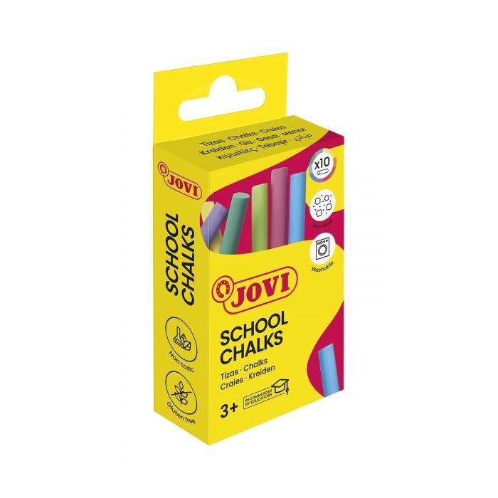 Jovi School Chalks Caja de 10 Tizas - Compactas - sin Polvo - Materias Primas Naturales - Trazos Nitidos - Faciles de Borrar - Resistentes - Poco Resto de Polvo - Color Surtido