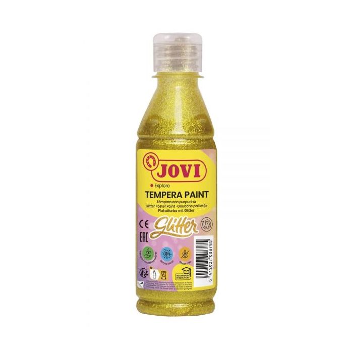 Jovi Glitter Tempera Botella de 250ml - Base Agua - Lista para Usar - Particulas de Purpurina - Excelente Rendimiento - Secado Rapido - Fluidez Optima - Color Oro