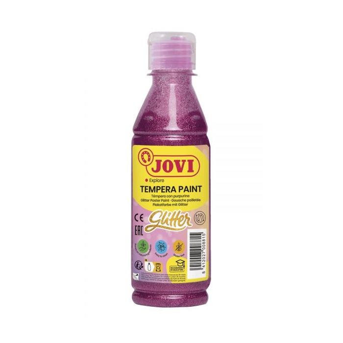 Jovi Glitter Tempera Botella de 250ml - Base Agua - Lista para Usar - con Purpurina - Excelente Rendimiento - Secado Rapido - Fluidez Optima - Color Rosa