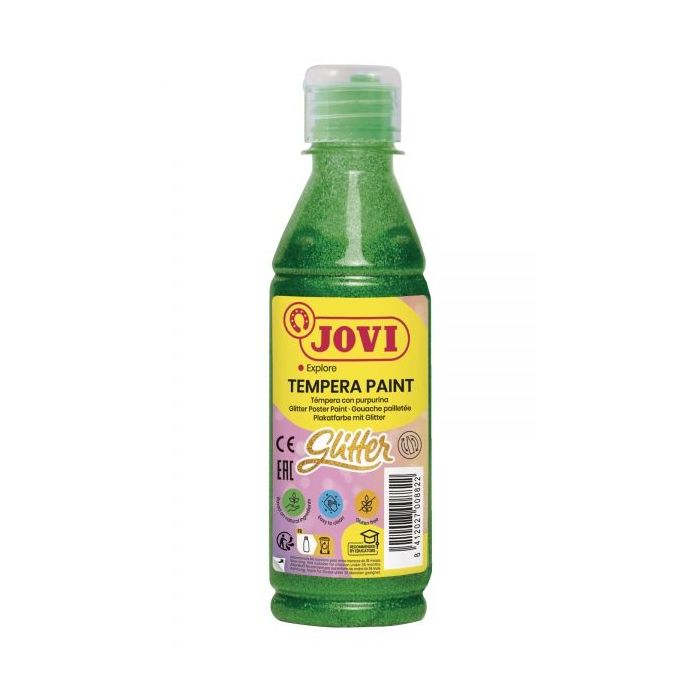 Jovi Glitter Tempera Botella de 250ml - Base Agua - Lista para Usar - con Purpurina - Excelente Rendimiento - Secado Rapido - Fluidez Optima - Color Verde