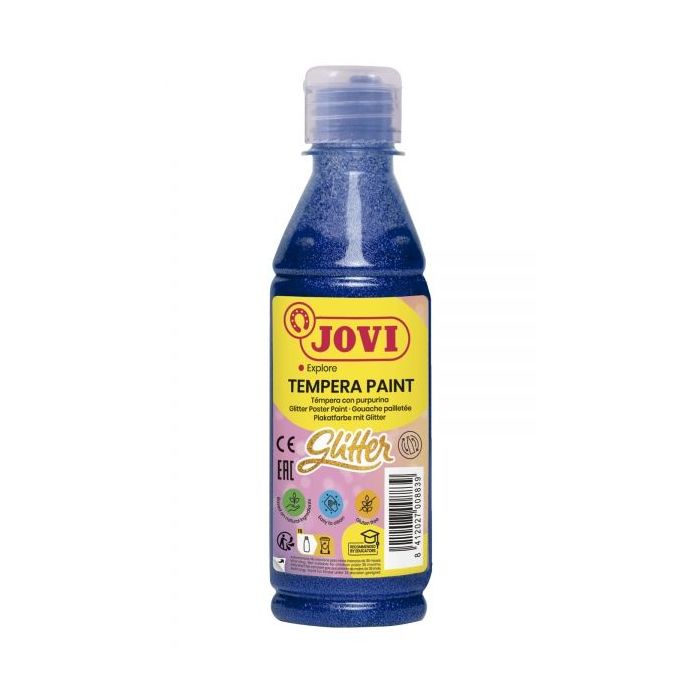 Jovi Glitter Tempera Botella de 250ml - Base Agua - Lista para Usar - con Purpurina - Excelente Rendimiento - Secado Rapido - Fluidez Optima - Color Azul