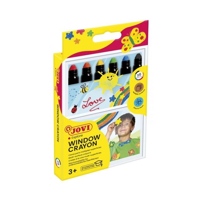 Jovi Glass Estuche de 6 Ceras en Stick - Cera Blanda con Giro Elevador - Base Agua - Faciles de Aplicar - para Superficies No Porosas - No Manchan - Gran Capacidad Cubriente - Color Surtido