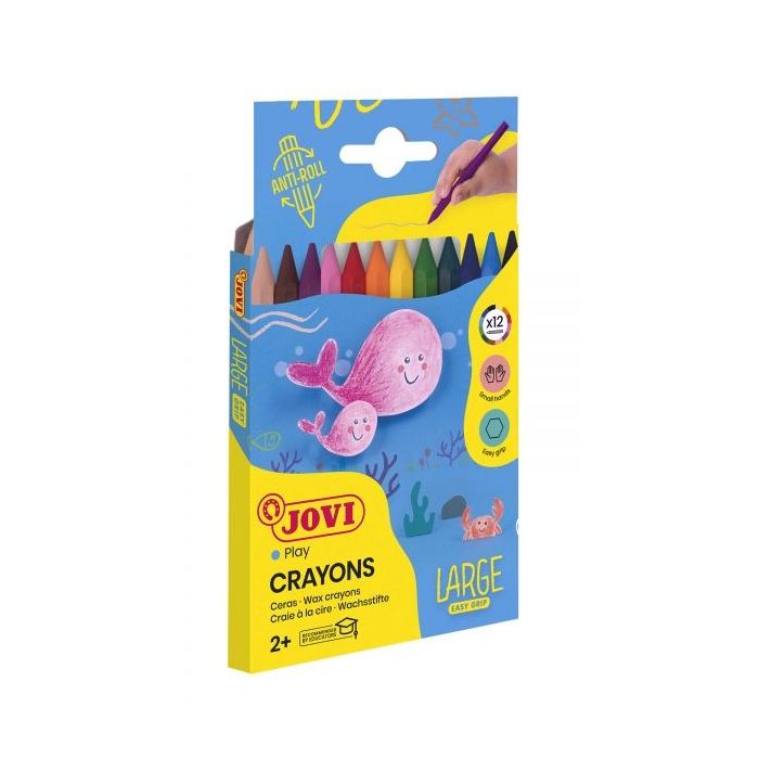 Jovi Large Easy Grip Estuche de 24 Ceras Plasticas Hexagonales - No Ruedan - Duracion Prolongada - sin Olor - Facil de Sacar Punta - No Mancha - Ideal para Manos Pequeñas - Color Surtido