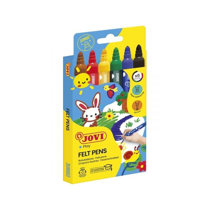 Jovi Felt Pens Estuche de 6 Rotuladores Jumbo - Tinta de Gran Fijacion - Punta Resistente - Grip Ergonomico - Capuchon Ventilado - Trazo Homogeneo - Color Surtido